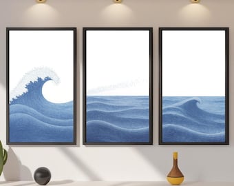 Set of 3 Minimalist Ocean Line Art Prints – Blue Wave Landscape, Digital Download for Nordic & Japanese Modern Decor