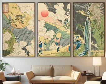 Set of 3 Printable Wall Art, Japanese Vintage Mountain Landscape Art – Ukiyo-e Fudo Pass, Mikuni Road, Edo Period Digital Download