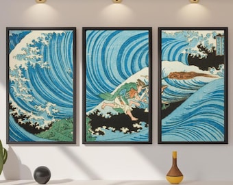 Set of 3 Printable Wall Art, Japanese Vintage Ocean Wave Art – Ukiyo-e Sea Landscape, Edo Period Coastal Scene, Digital Download