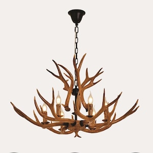 6-Lights Large Deer Antler Chandelier,34 Inch Kitchen Island Pendant Lighting, Rustic Dining Room Lighting, Vintage Style Chandelier