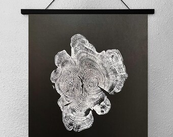 Red Cedar tree ring woodcut print, black paper, handmade Wall Art 16x20