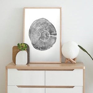 Oak Woodcut Print, tree ring art, natural wall art, handmade in USA