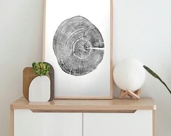 Oak Woodcut Print, tree ring art, natural wall art, handmade in USA