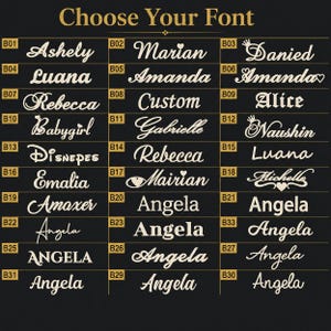 May include: A black chart titled Choose Your Font displaying a grid of thirty numbered font styles in white text. Each numbered box features a name or word in a distinct typeface, including script, serif, and sans-serif styles for customisation.