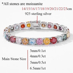 May include: A silver bracelet with a variety of colorful moissanite stones. The bracelet is made of 925 sterling silver and features stones ranging from 3mm to 6.5mm in size. The text on the image says "All stones are moissanite."