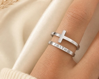 Personalised Name Ring Set, Custom Engraved Name Band, Faith Cross Stacking Rings, Personalized Birthday Gift for Her, Dainty Jewelry