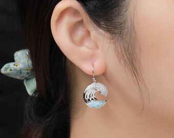 Dainty Larimar Gemstone Dangle Earrings Natural Sterling Silver Ocean Wave Jewelry Minimalist Larimar Jewelry Gift for Her