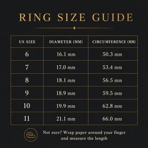 May include: A black ring size guide chart with gold text. The table lists US sizes 6 through 11 with corresponding diameters and circumferences in millimetres. It includes an icon of a measuring tape and the text: Not sure? Wrap paper around your finger and measure the length.