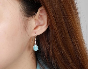 Natural Larimar Dangle Earrings Sterling Silver Jewelry Dainty Blue Gemstone Gift for Her