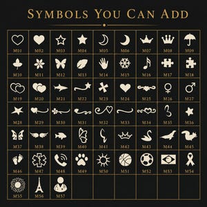 May include: A grid chart titled Symbols You Can Add, featuring 57 white icons on a black background. Each icon is labelled with a code from M01 to M57, including shapes like hearts, stars, moons, crowns, animals, flowers, and various symbols.