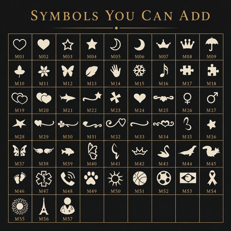 May include: A grid chart titled Symbols You Can Add, featuring 57 white icons on a black background. Each icon is labelled with a code from M01 to M57, including shapes like hearts, stars, moons, crowns, animals, flowers, and various symbols.