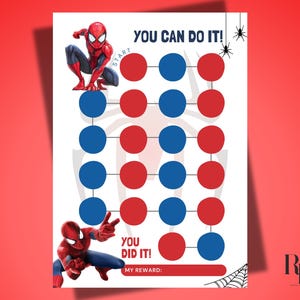 Puede incluir: Un gráfico de recompensas blanco con ilustraciones de Spider-Man y los textos "YOU CAN DO IT!" y "YOU DID IT!". El gráfico tiene una cuadrícula de círculos rojos y azules y un espacio para una recompensa.