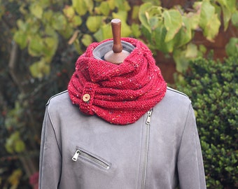 Handknit Red Tweed Infinity Scarf, Chunky Button Cowl
