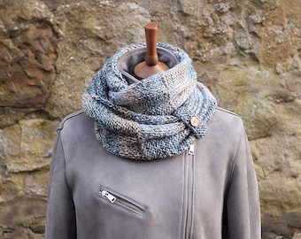 SCARF, knitted infinity loop scarf, chunky blue grey beige mix womens button snood, cowl, gift for her