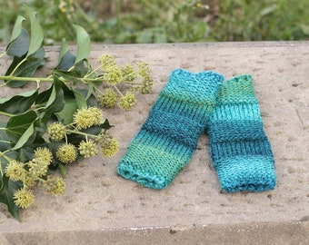 Fingerless gloves handknit women's green blue soft mittens gift guide for her