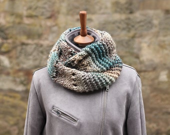 SCARF, knitted super chunky infinity loop scarf, blue brown light grey green mix women's snood, cowl, gift for her