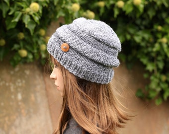 HAT knitted grey, chunky winter hat, women's beanie cap, gift, UK