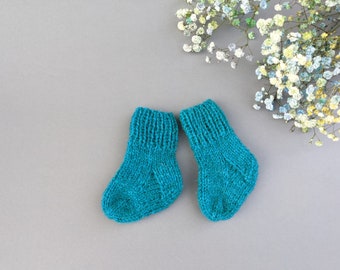 Handknit newborn baby socks sheep wool, handmade dark teal shade, baby shower gifts