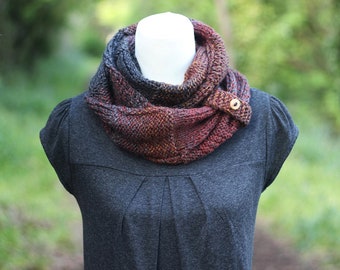 SCARF, knitted infinity loop scarf, chunky brown grey button snood, cowl, gift for her