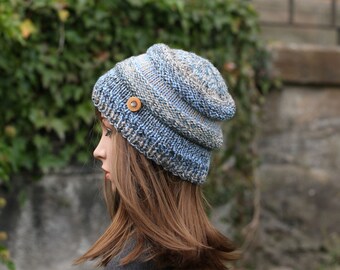 HAT knitted blue grey beige, chunky winter hat, women's beanie cap, gift, UK