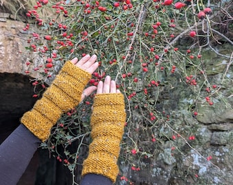 ARM WARMERS long Comfy mittens in mustard tweed yarn with black and white speckles , fingerless gloves womens knitwear UK