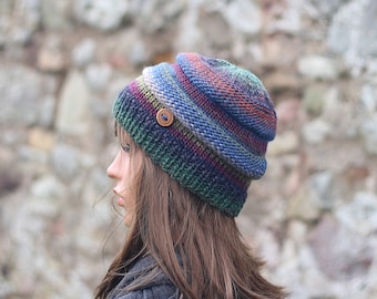 HAT knitted multicolour, winter hat, women's beanie blue green chunky cap, gift, UK