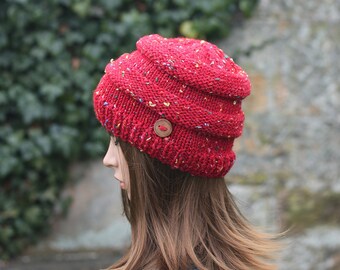 HAT knitted red tweed, winter autumn hat, women's beanie cap, gift, UK