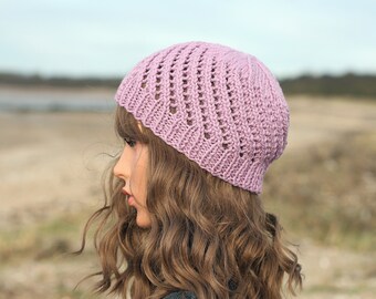 HAT knitted lilac women's lace mesh beanie, wool with acrylic gift for her, UK