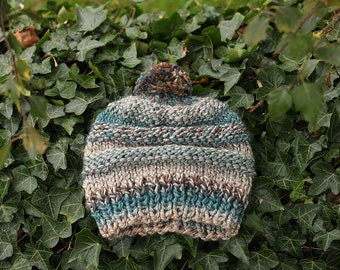 Knitted beanie bobble hat, super chunky cap winter autumn blue brown light grey green mix, womens or unisex gift, UK