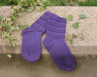 Handknit socks women's wool with acrylic, purple boot socks, winter chunky house socks, UK4-5