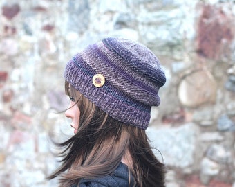 HAT knitted purple brown wooden button beanie, women's beanie cap, gift, UK