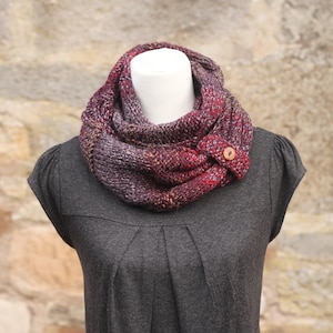 SCARF, knitted infinity loop scarf, chunky burgundy, purple, red, grey button snood, cowl, gift for her