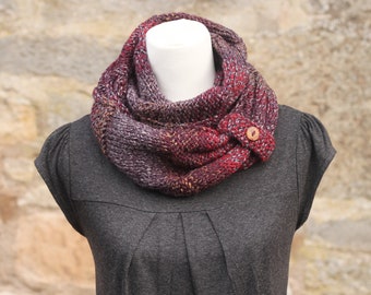 SCARF, knitted infinity loop scarf, chunky burgundy, purple, red, grey button snood, cowl, gift for her