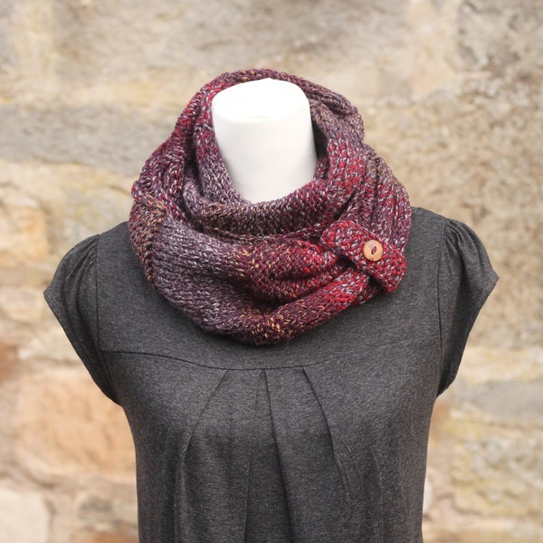 SCARF, knitted infinity loop scarf, chunky burgundy, purple, red, grey button snood, cowl, gift for her