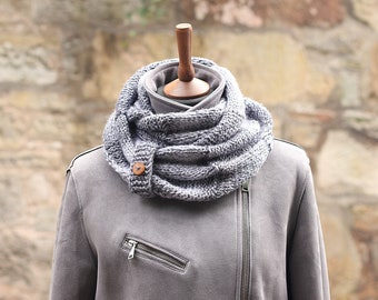 SCARF, knitted infinity loop scarf, chunky grey mix womens button snood, cowl, gift for her