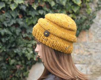 HAT knitted mustard tweed, winter autumn hat, women's chunky beanie cap, gift, UK