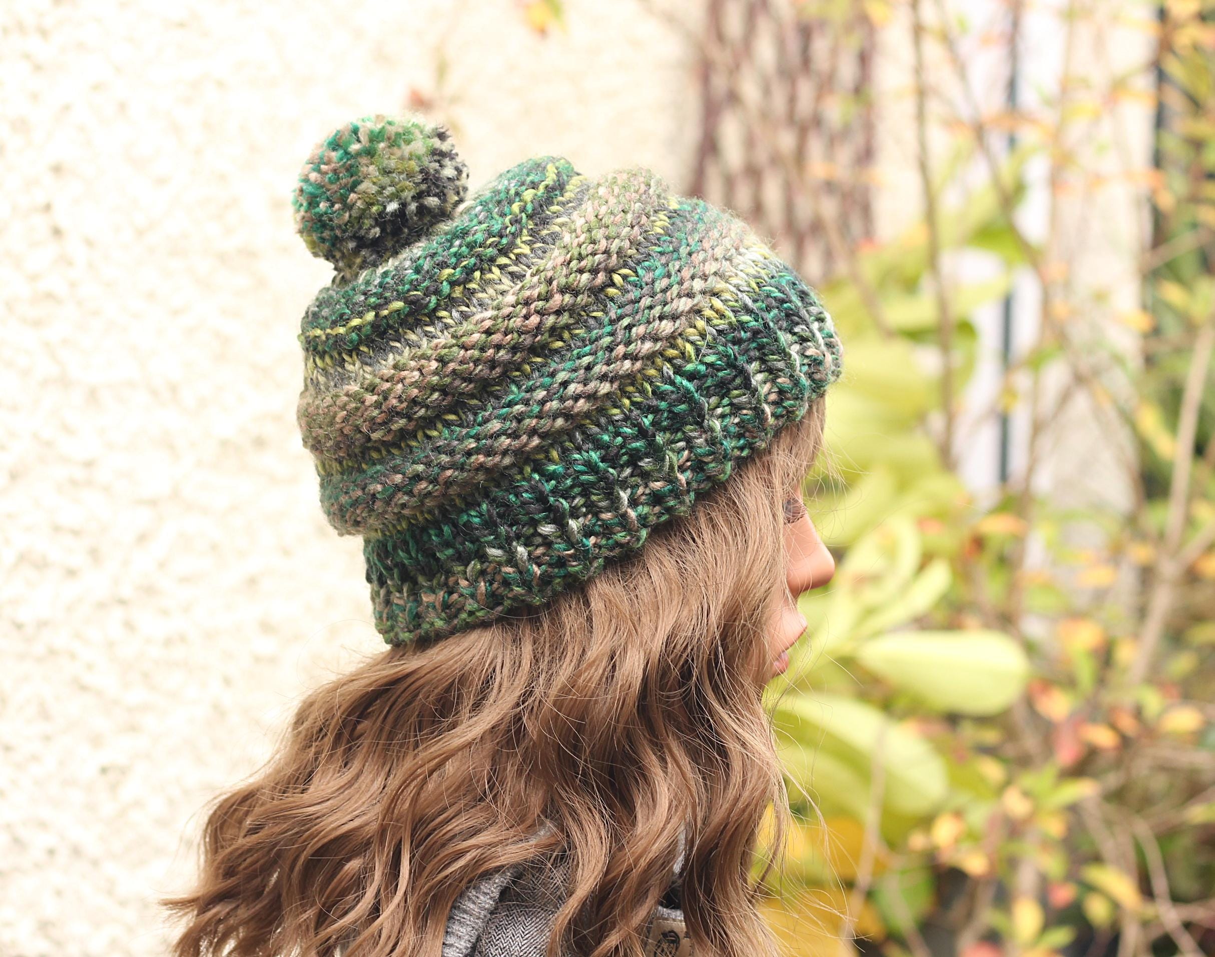 Chunky Knit Beanie, Green Brown Wool Blend Bobble Hat - Etsy