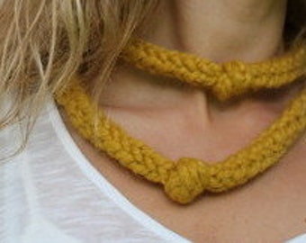 Autumn Knot Loop necklace in Barley, mustard scarf knitted, vegan knitwear UK, gift ideas