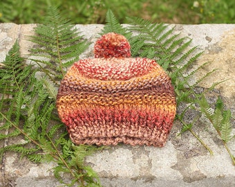 Knitted beanie bobble hat, super chunky cap winter autumn brown red orange beige, woman's gift, UK