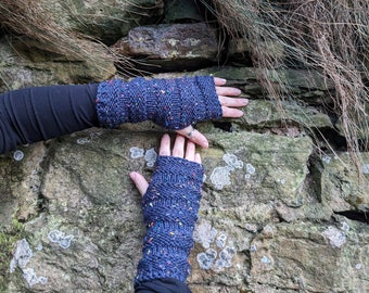 ARM WARMERS long Comfy mittens in dark blue tweed yarn with multicolored speckles , fingerless gloves womens knitwear UK