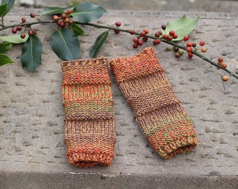 fingerless gloves handknit women's red brown green wrist warmers