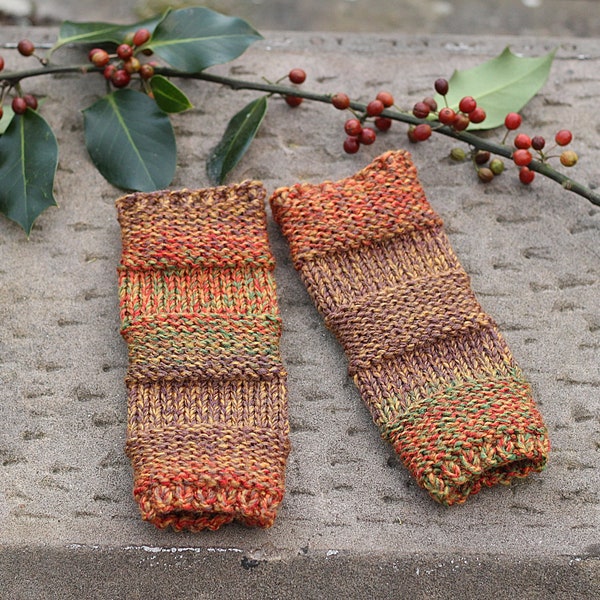 fingerless gloves handknit women's red brown green wrist warmers