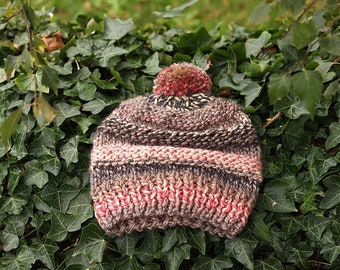 Knitted beanie bobble hat, super chunky cap winter autumn pink grey cream, woman's gift, UK