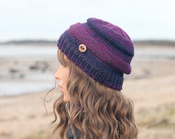 HAT knitted deep purple fuchsia, women's beanie cap, gift, UK