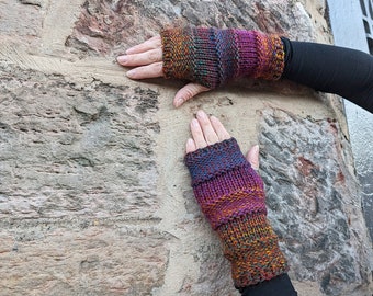 Fingerless gloves - Comfy knitted women's mittens in dark blue green fuschia copper, knitwear UK