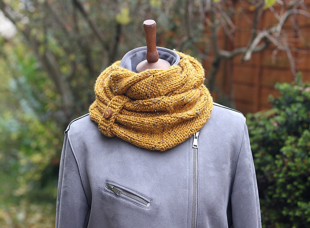 Infinity Design Tweed Handknit Chunky Tweed Infinity Scarf, Mustard Button Cowl - Etsy