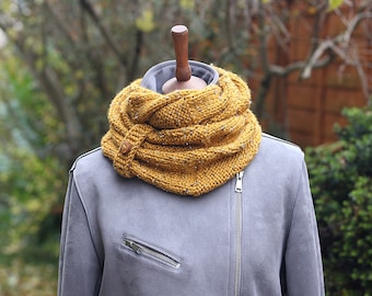 SCARF knitted infinity loop scarf, chunky mustard tweed with black and white speckles women's button snood, cowl, gift for her