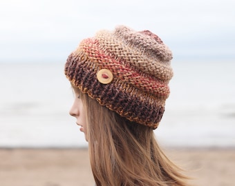 Knitted beanie hat, super chunky cap winter brown, red, orange, beige, woman's gift, UK