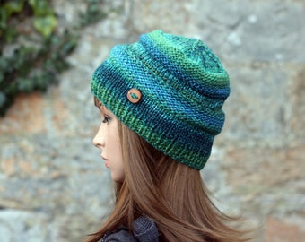 HAT knitted green blue autumn chunky winter hat, women's beanie cap, gift, UK