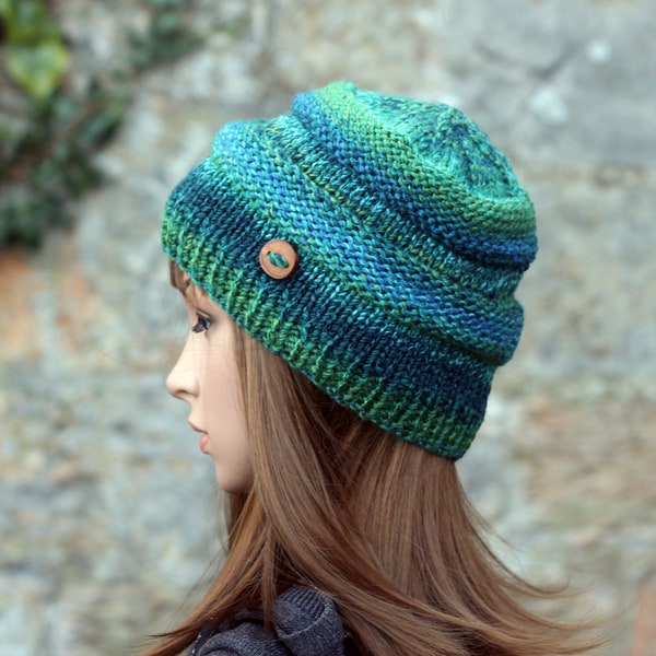 CHAPEAU tricoté vert bleu automne gros chapeau d’hiver, bonnet pour femme, cadeau, Royaume-Uni